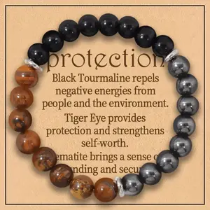 Triple Protection Healing Crystal Beaded Bracelet – Tiger Eye, Black Tourmaline & Hematite Natural Stone Jewelry – Strength & Positive Energy Gift for Men & Women – Christmas & Anniversary