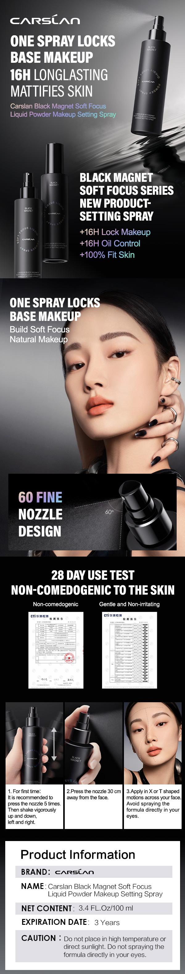[2.0]CARSLAN Black Magnet Soft Focus Powder+Liquid Powder Makeup Setting Spray, 24HLongglasting, Oil Control, Waterproof, Sweatproof, Poreless Summer Hot Sell All Day Matte Trio