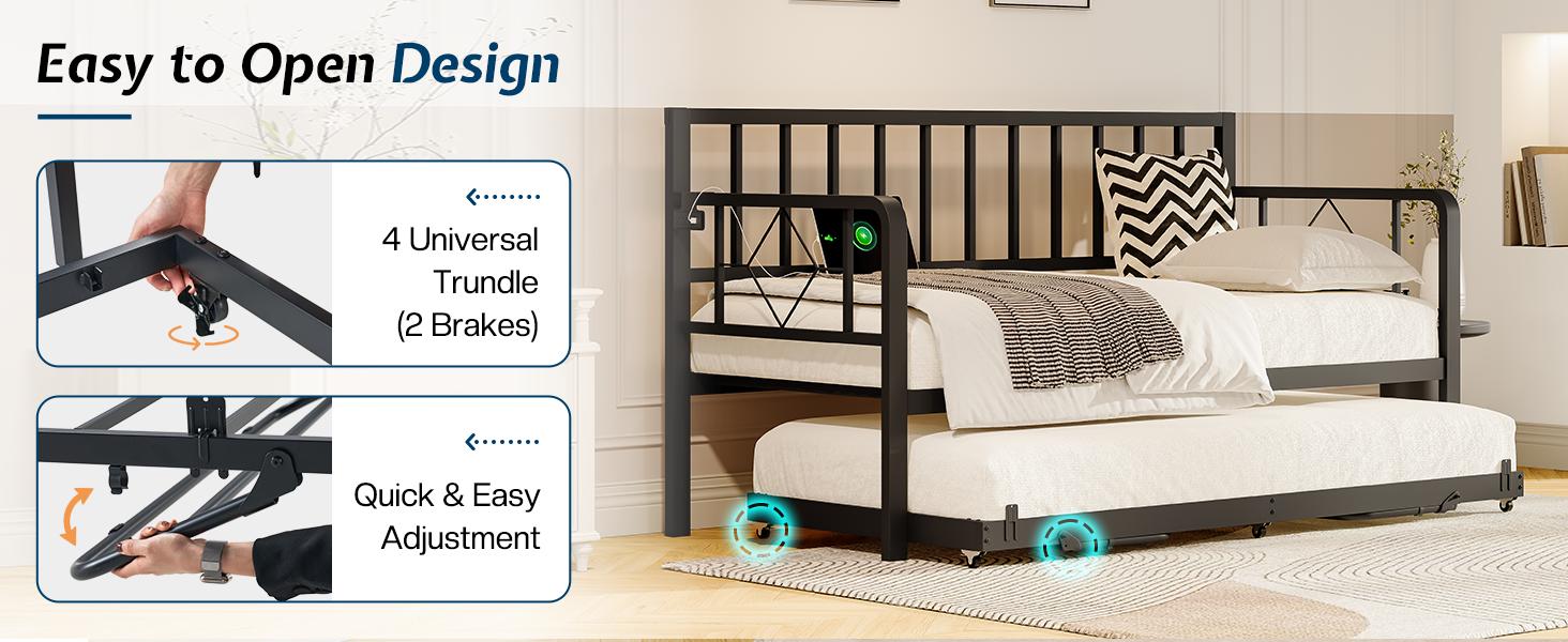 VanAcc Twin Daybed with Charging Station and LED Lights, Versatile Bed Frame with Steel Slats Support, Daybed with Trundle for Living Room, Bedroom, Guest Room