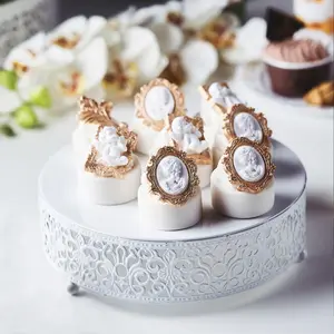 Metal Wedding Cake Stand 8" Fleur De Lis Round Design White - Cupcake Pedestal Display for Events
