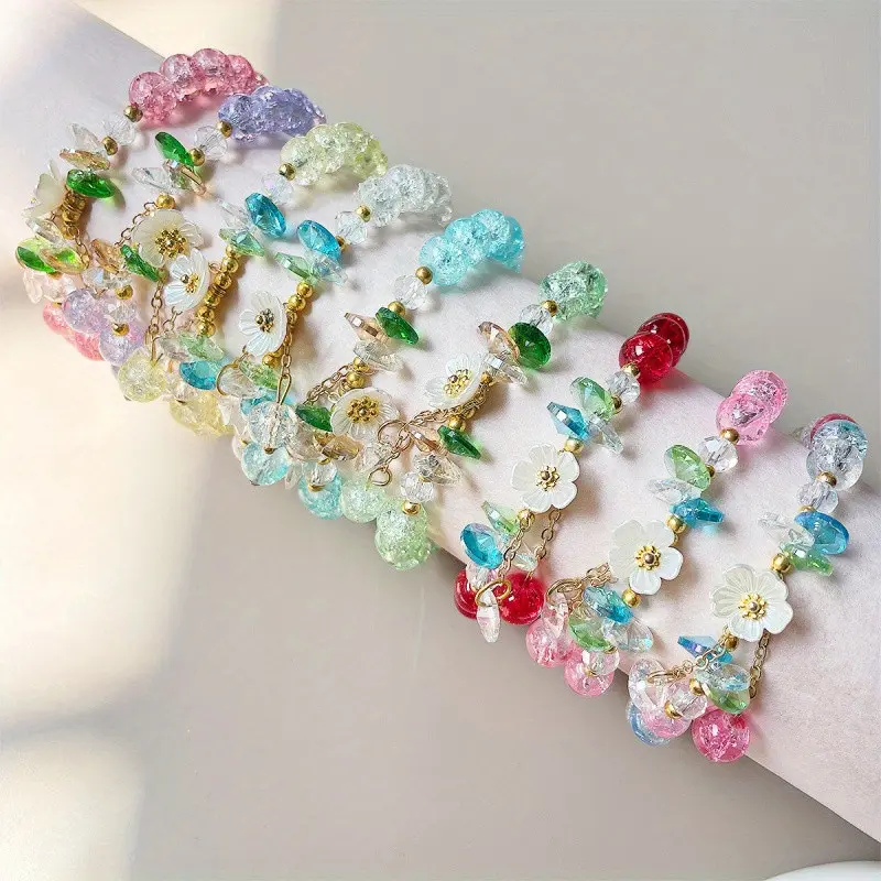 12Pcs Colorful Flower Crystal Bracelets,Handmade Stretch Bracelet Floral Beaded Bracelets for Women Jewelry