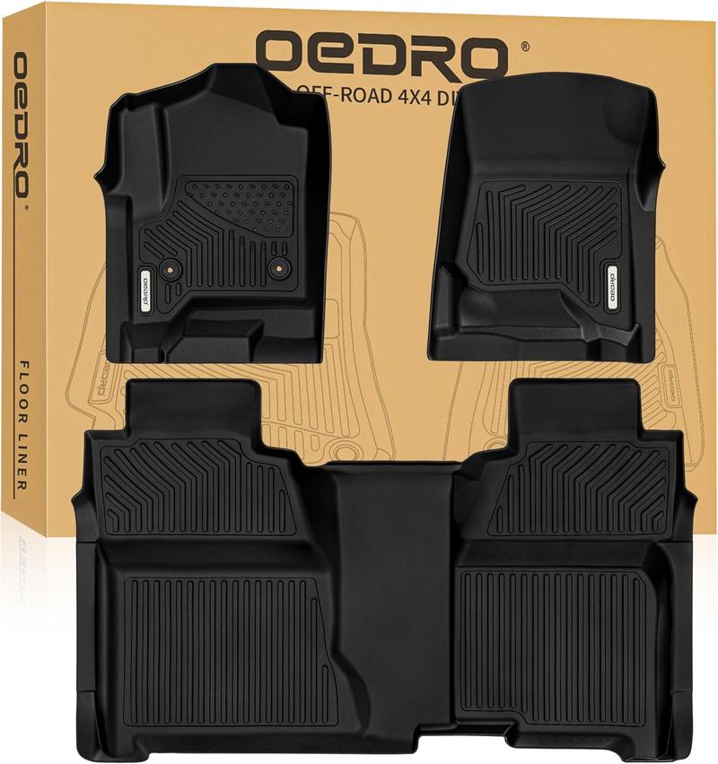 OEDRO Floor Mats Fits for 2014-2018 Chevy Silverado/GMC Sierra 1500 Crew Cab, 2015-2019 Silverado/Sierra 2500 HD/3500 HD Crew Cab, Black TPE All Weather 2 Row Floor Liner Set (Front & 2nd Seat)