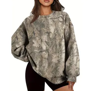 Women'S Oversized Camo Sweatshirt - Long Sleeve, Loose Fit, Green & Black Leaf Pattern, Casual Pullover with Ribbed Cuffs, All-Season Comfort, Casual Wear |           Relaxed Fit Top |           Construction, Sweater Hoodie