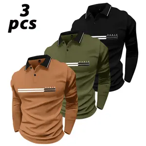 Men's classic vintage three-piece long-sleeved polo shirt, made from comfortable, slightly stretchy knitted fabric, with a fitted silhouette and Parisian letter and stripe print. Suitable for men's spring and autumn wear.