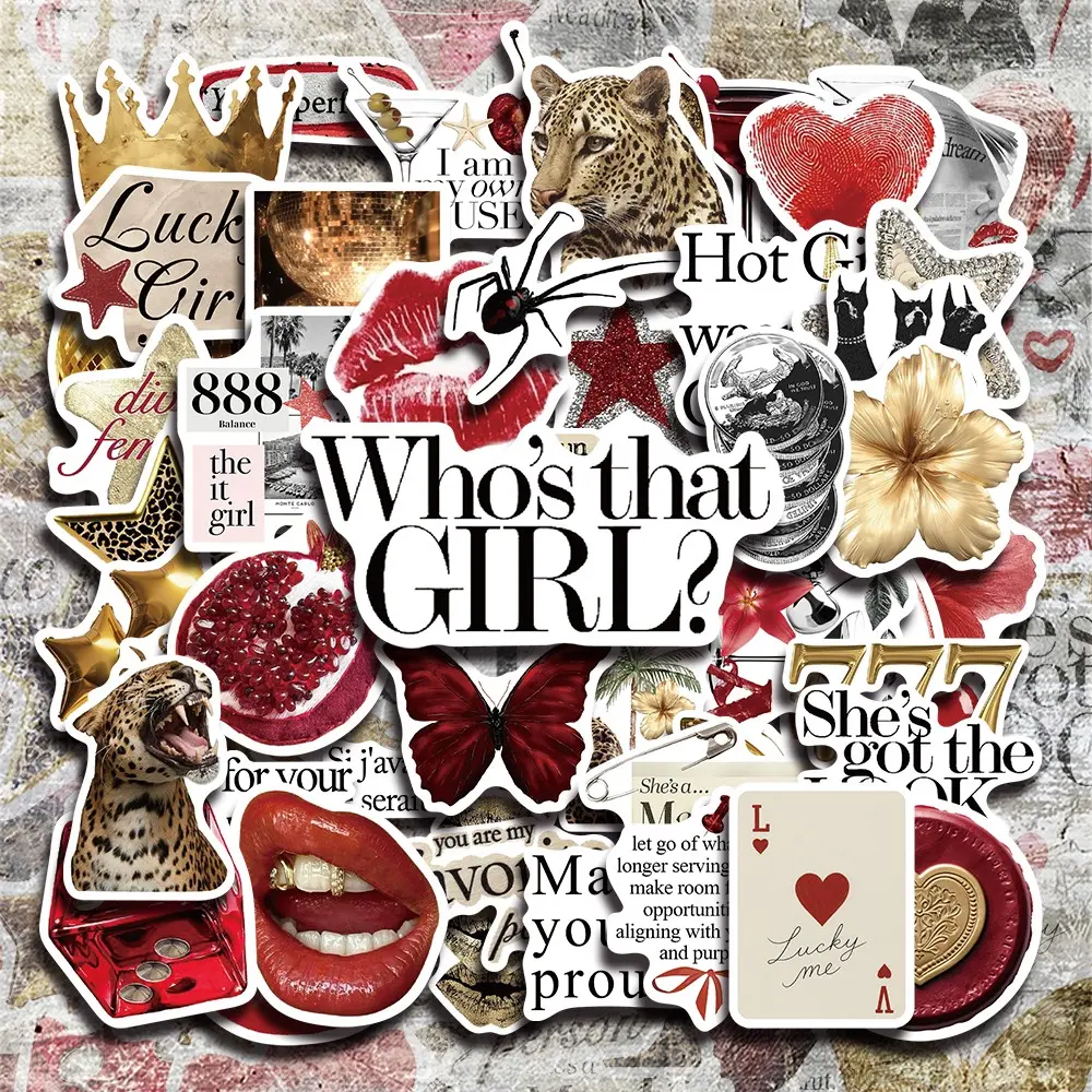 50 Pcs Gold & Red Aesthetic Vinyl Stickers Pack, Luxury Art Style, Ideal for Laptop, Water Bottle, Phone Case, DIY Decoration & Perfect Gift