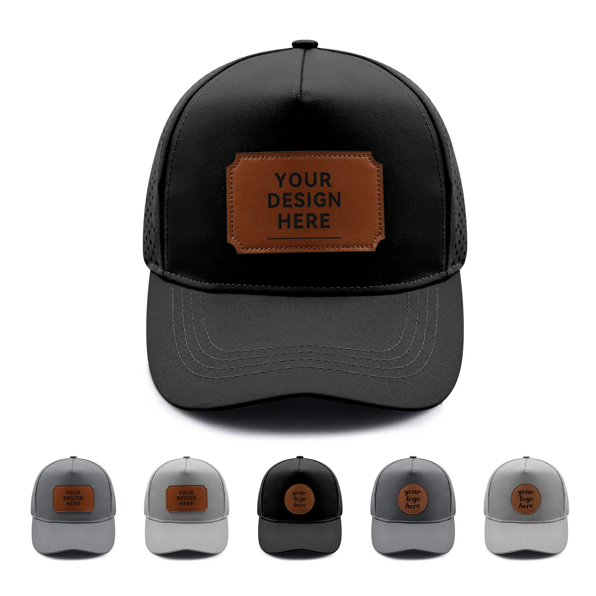 Custom hats for men and women; personalized waterproof laser-perforated baseball caps; hats with laser-engraved leather patches featuring logo text; custom team
