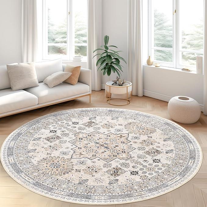 Vintage Round Rug Boho Round Rugs for Living Room Non-Slip Washable Ultra-Thin Large Circle Rugs Soft Low Pile Rug for Bedroom Kitchen