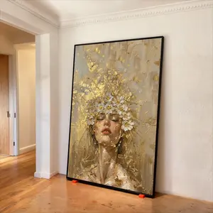 Elegant Woman Portrait, Floral Crown Wall Art, Gold Painting, Modern Female Artwork, Luxe Home Decoration Print Art