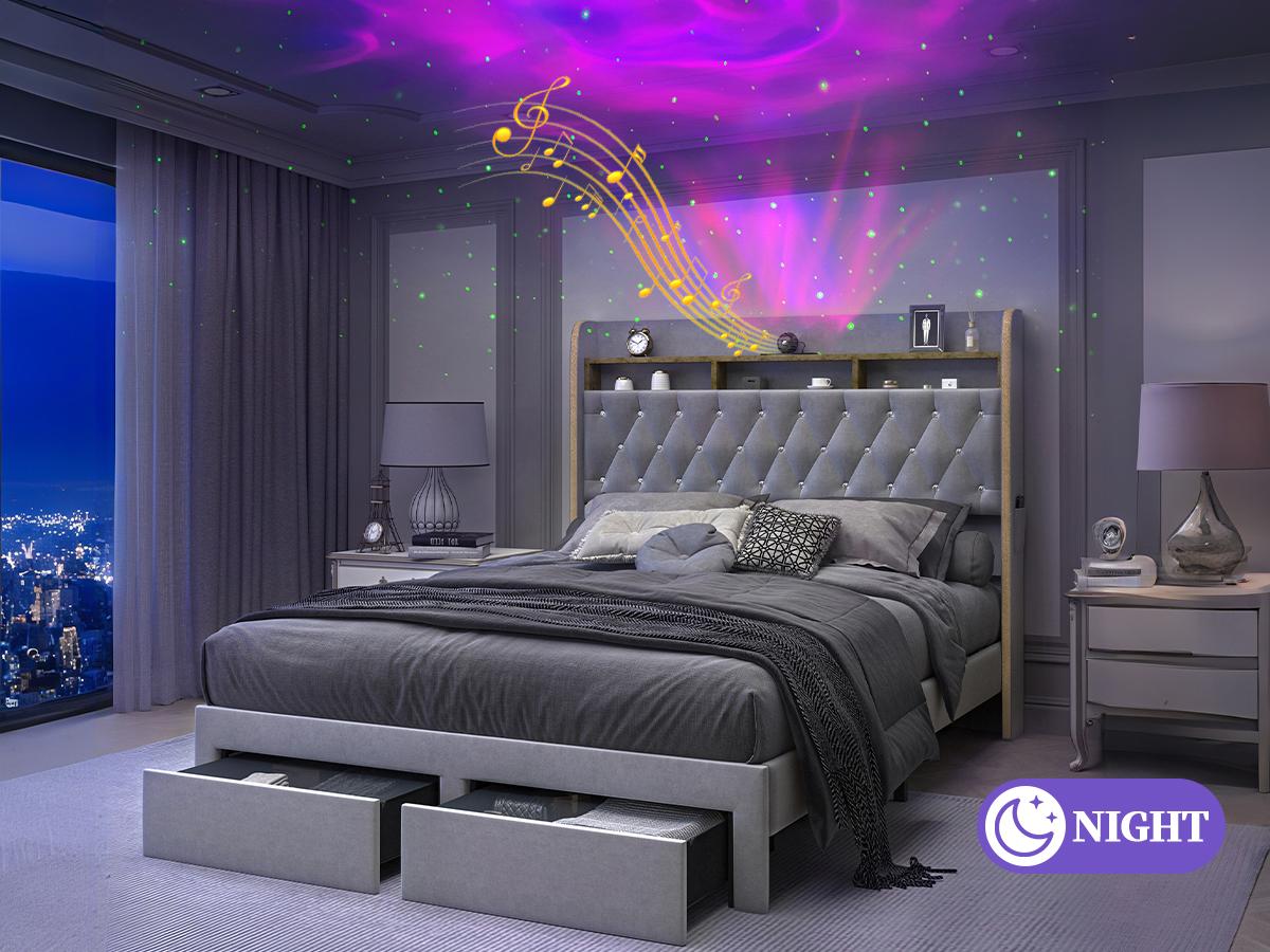 Queen LED Bed Frame with Storage Drawers Upholstered Platform Bed Galaxy Star Projector Charging Station Speaker Aurora Bedframe 2-Tier Storage Headboard Noise-Free PU Leather Velvet Funky Bedroom Furniture