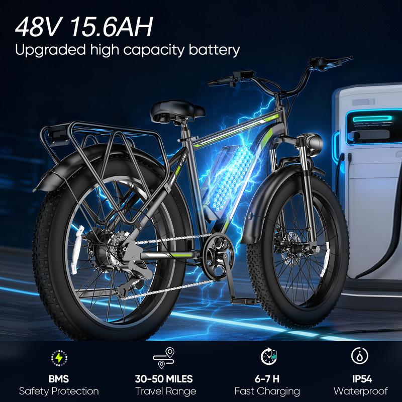 [26"X4" Tire] Electric Cycle Peak 1500W Off Road  Full Suspension 48V 15.6Ah Removable Battery 30-50 Miles Range Dual Seat Fat Tire E Bike with LED Headlight UL 2849 Certified