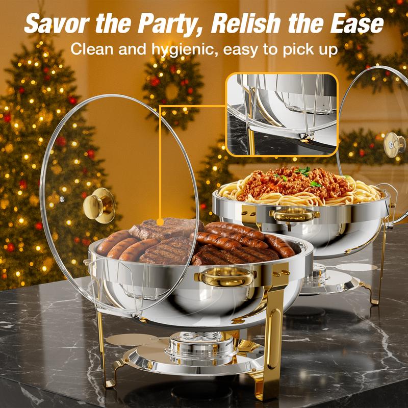 WARMOUNTS Chafing Dish Buffet Set, Glass Lid 5QT 2/4/6 Pack Gold Accent Stainless Steel Chafers and Buffet Warmers Sets with Lid & Lid Holder for Parties Catering Events Weddings Banquets