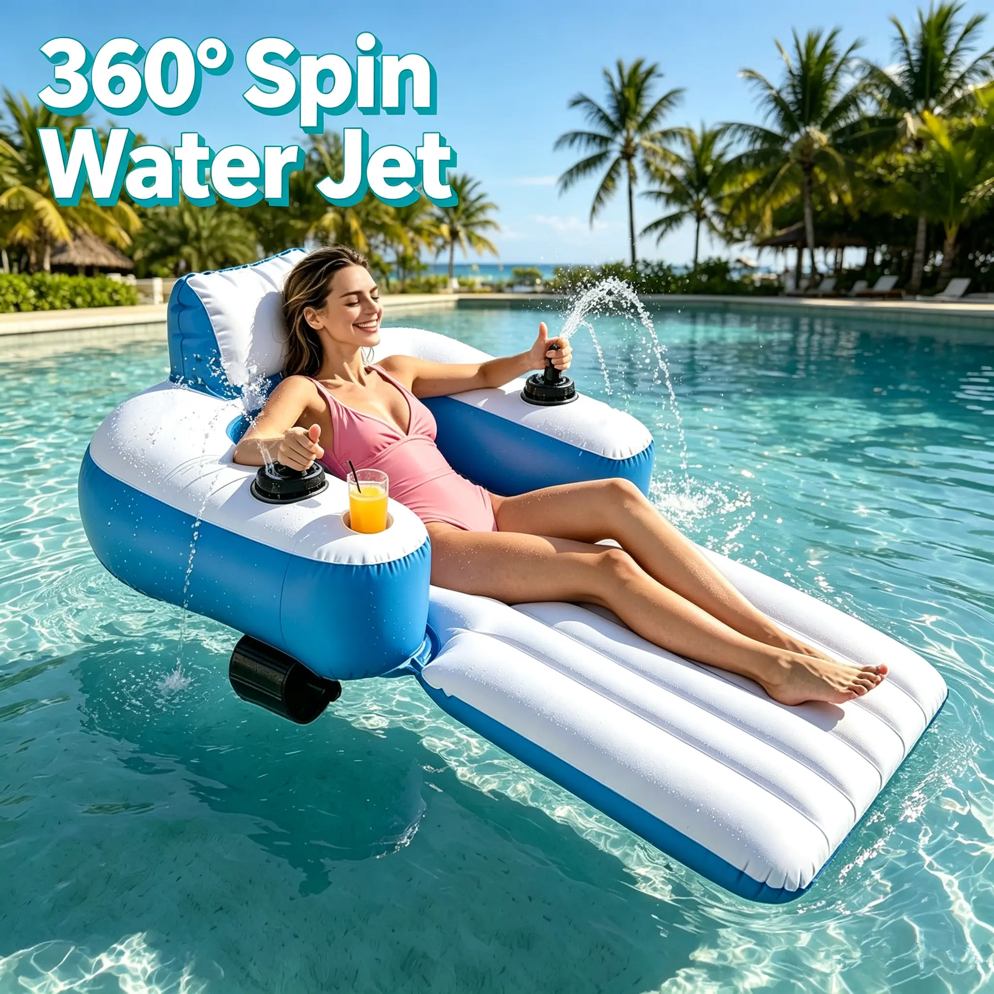 Inflatable Pool Lounger with 360° Rotating Motor, Propeller-Driven Float, Hand Joystick Control, Padded Back Support for Adult Relaxation