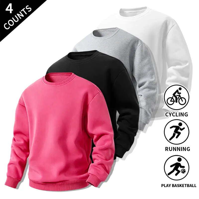 4-Pack Men’s Crew Neck Sweatshirts Multipack – Soft Long-Sleeve Pullovers, Loose Fit, Casual Athletic Tops for Cycling, Running, Basketball, and Everyday Streetwear