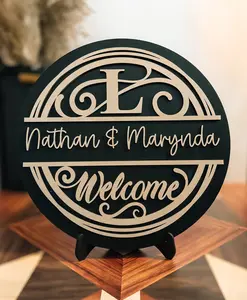 Personalized Wedding Gift Sign | Custom Family Name Welcome Sign | Housewarming Gift | 11.5" Round Home Decor with Stand