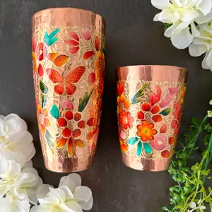 LYYE Flowers Mexican Handmade Copper 24 oz Boston Shaker Set for Cocktails - Hand Hammered & Hand Painted Artisanal Bar Tools