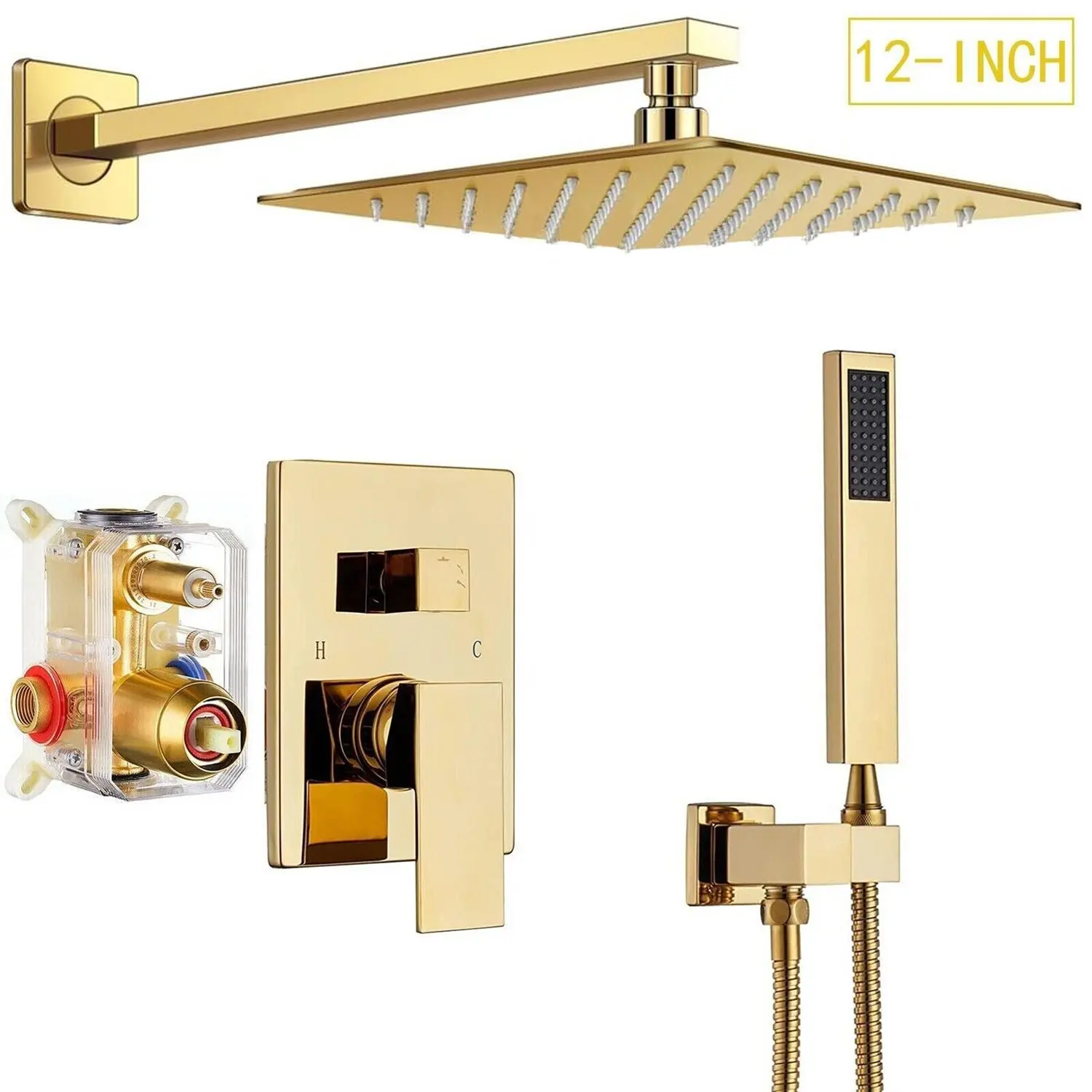 Gold Shower System 12 Inch Bathroom Luxury Rain Mixer Shower Combo Set Wall Mounted Rainfall Shower Head and Handheld System Shower Faucet Set Rough-in Valve Body and Trim Kit