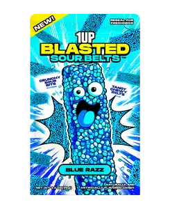 1UP Candy Blasted Sour Belts – Blue Razz | Crunchy-Coated Sour Candy Strips (1, 6 or 10 Pack)