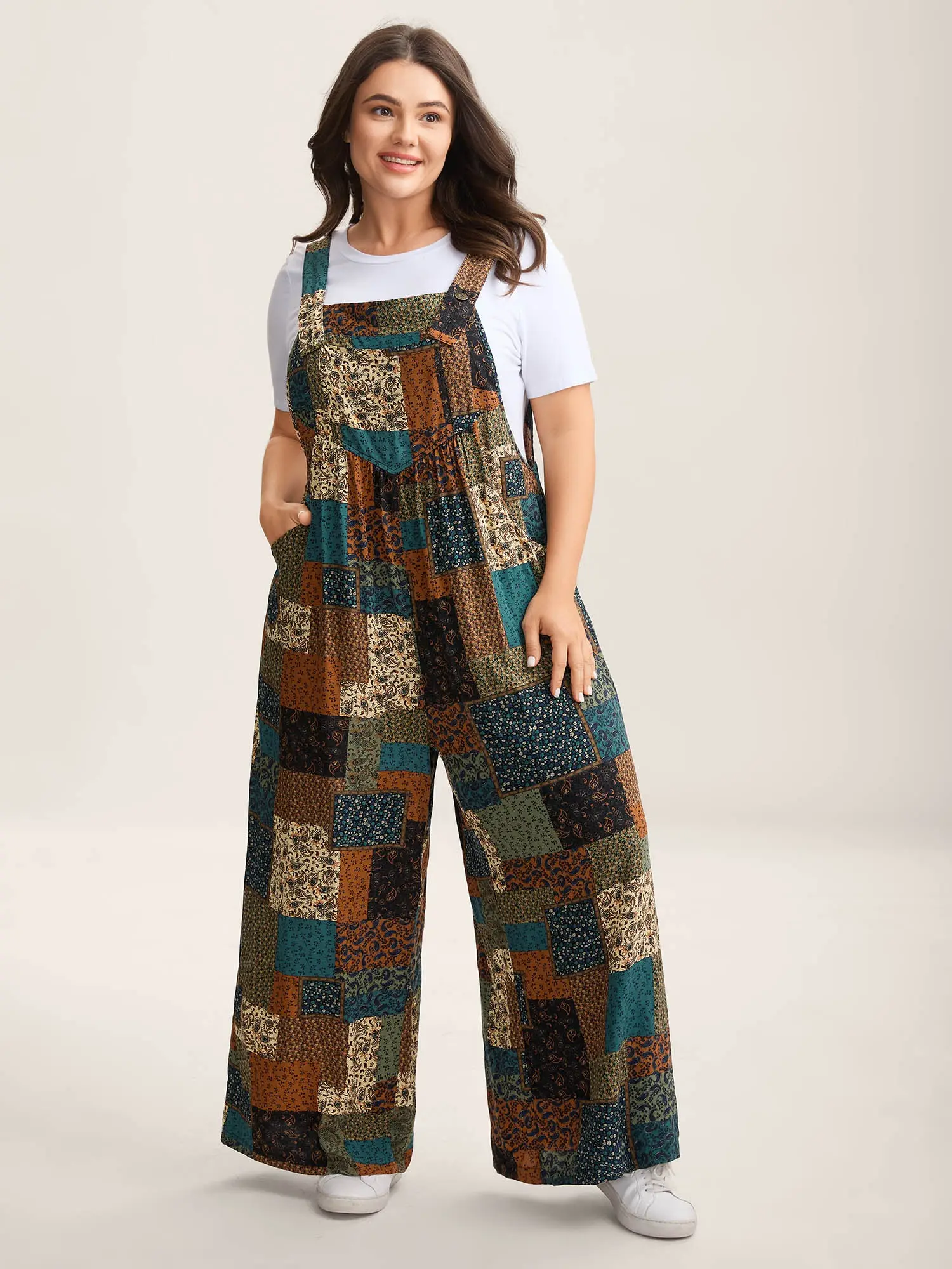 BloomChic Plus Size Strapless Rayon Jumpsuit, Boho Multicolor Paisley Print Pocketed Maxi,Curvy Clothing for Women, Strapless Denim Jumpsuit, Casual Fitted Jumpsuit