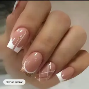 24pcs Medium Long Press On Nails Square Fake Nails With Bling White Golden Grid Designs for Nail Art and Care