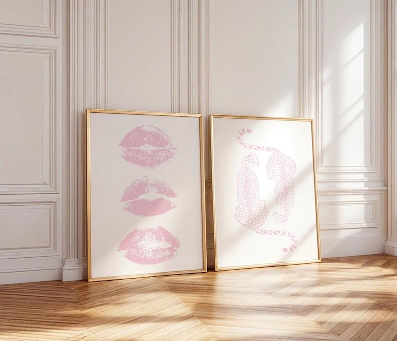 Pink Cheetah Wall Print Trendy Pink Gallery Set Of 2 Kiss Lips Wall Art Apartment Decor Preppy Room Decor College Dorm Leopard Poster Girly