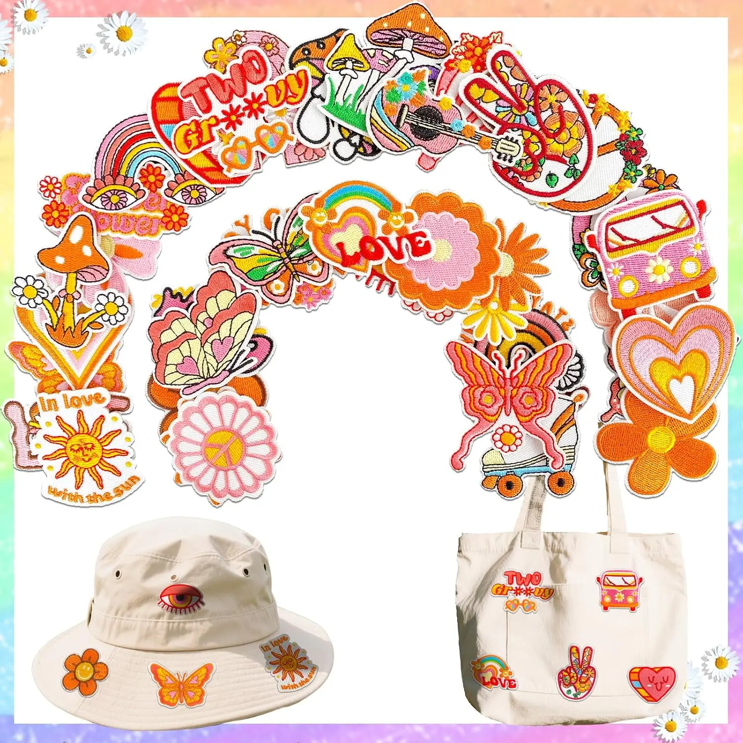 40PCS Polyester Hippie Embroidered Boho Iron-On Fabric Patches for Girls, Sewing Supplies for Clothes, Hats, Backpacks