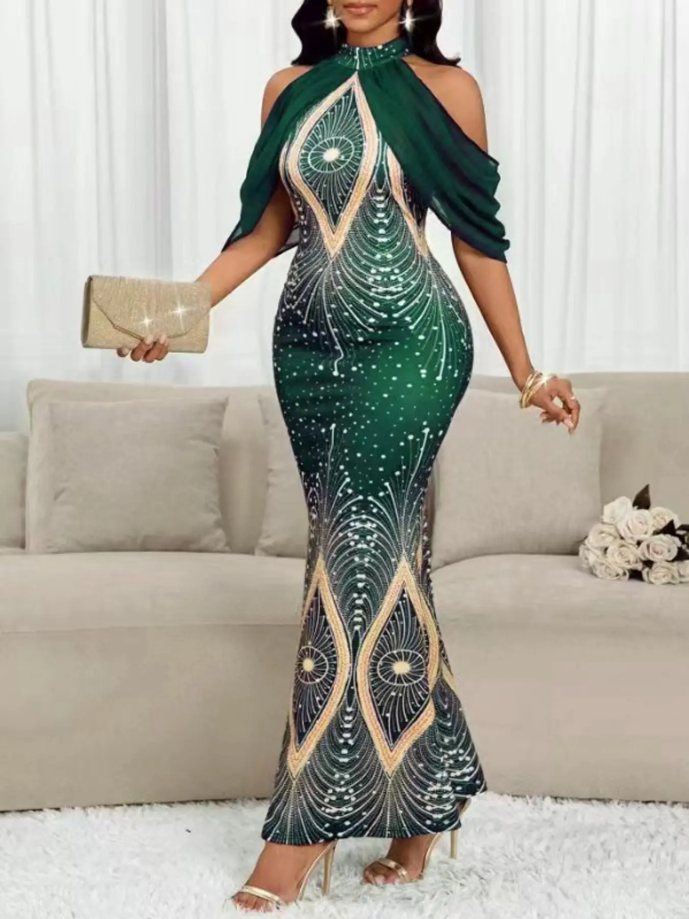 Rhinestone Mermaid Long Dress, Women's Halter Cold Shoulder Chiffon Cape Sleeve Bodycon Evening Gown, Formal Party Wedding Guest Dress, Party Dress Fit