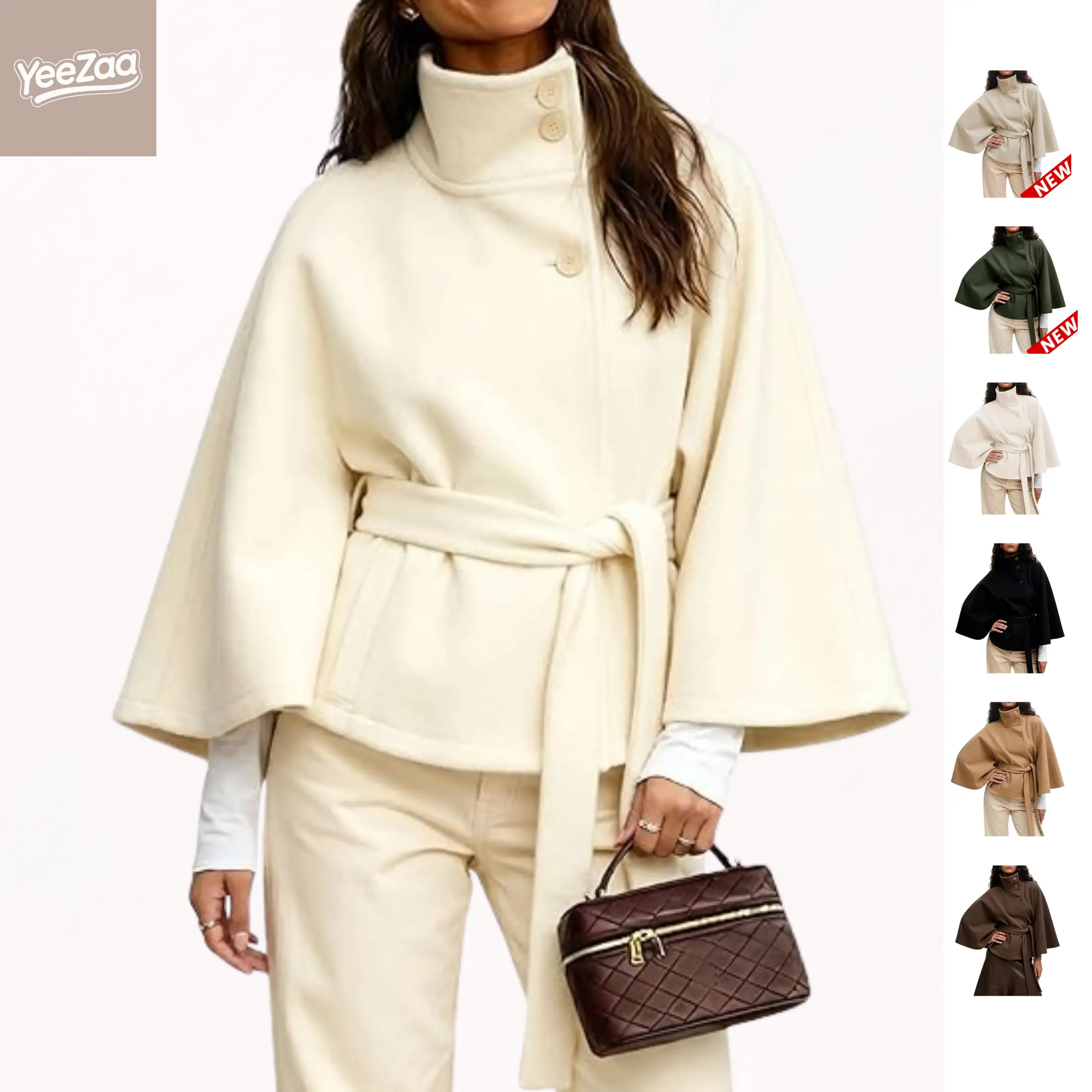 YeeZaa Poncho Pea Coat for Women Wool Blend Oversized Belted 2026 Fashion Fall Winter Elegant Stand Collar Cropped Cape Jacket Batwing Sleeve Trendy Casual  Outerwear Overcoat
