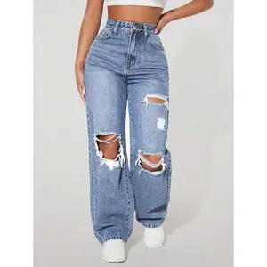 PETITE Women's Loose Fit Casual Straight Leg Jeans With Pockets And Distressed Holes,Ripped,Zipper High Waist Straight Leg Long Medium Wash Cargo Pants Regular Fit Women Jeans,Spring/Fall,Casual Daily Wear Fabric Womenswear Bottom Modal Trouser Denim