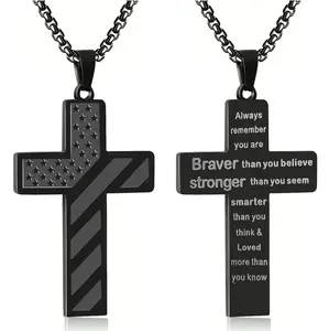 Cross Necklace with Bible Verse &American Flag Pendant-Stainless SteelMen's Jewelry Gift | Faith-Inspired, Bold &Patriotic Chain for Him