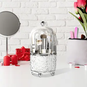 Rotating Makeup Organizer 12.2x24.6cm - PP Material Large Capacity Dustproof Cosmetic Storage Box, with Non-Slip Mat & Bag for Brushes Lipstick Eyebrow Pencils