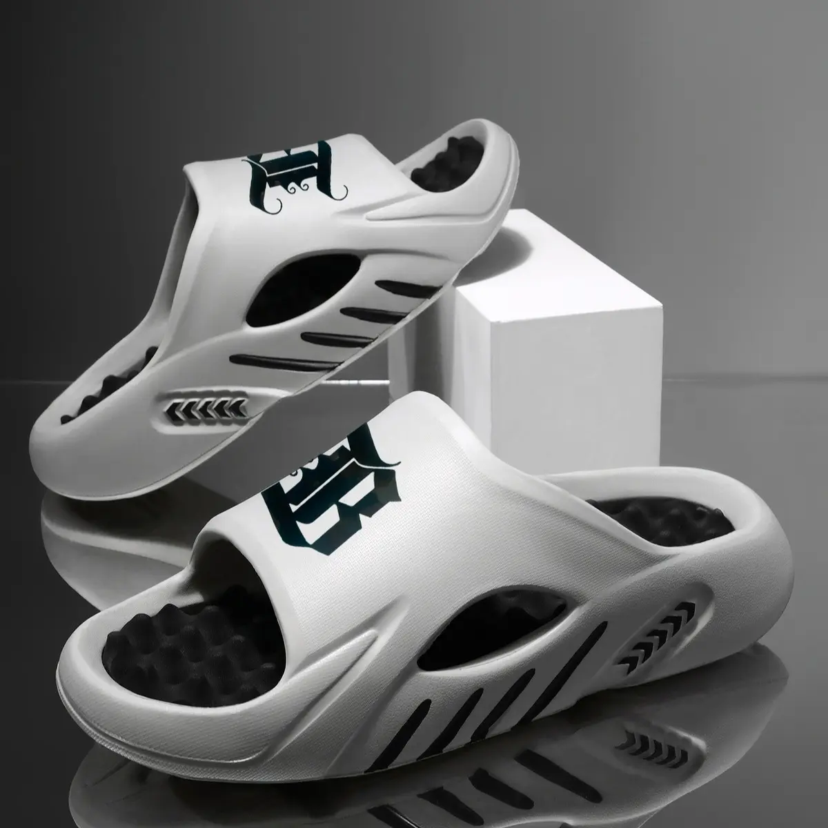 Men's Sporty Cloud Slides with Gothic B Print - Thick Cushioned Foam Sole, Non-Slip Indoor-Outdoor Beach Footwear, Gifts for Him, Mens Gifts, Beach Stuff, Cool Gifts For Guys tiktokshopbacktoschool,shoes for back to school,back to school shoes