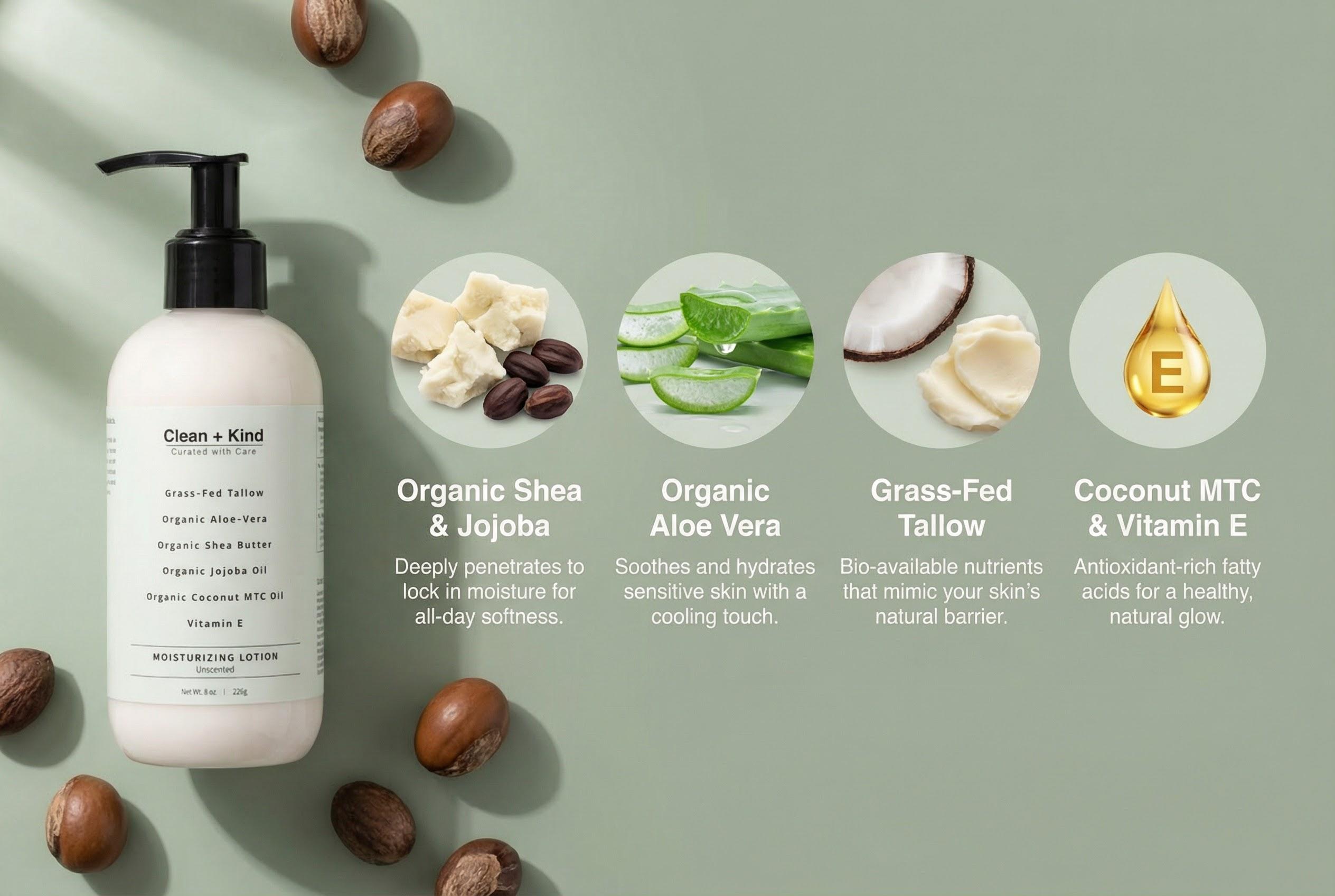 Clean + Kind Unscented Daily Moisturizing Lotion 8 oz | Vanilla, Lemongrass & Unscented | Tallow, Jojoba Oil, Vitamin E, Aloe Vera | Deep Hydration & Skin Barrier Support