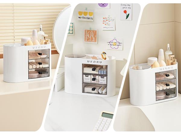 UFORU Makeup Organizer with Drawers for Vanity, 4 Slot Brush Holder with One Touch Open,Spacious Cosmetic Storage for Dresser Vanity and Bathroom Countertop,Beauty Holder for Lipstick Skincare jewelry organizer makeuporganizer White Boxes