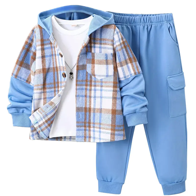 #backtoschool 2-piece children's flannel plaid shirt and pants set, boys' hoodie tracksuit for autumn, winter, and spring, suitable for ages 4-12 Casual  Daily Comfortable,back to school