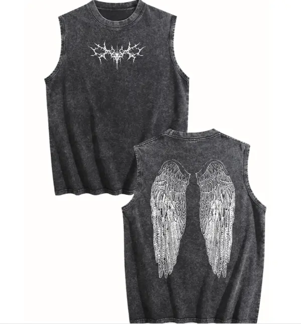 100% Cotton Washed Vintage Vest – Y2K Gothic Wing Graphic Vest, Oversized Grunge Streetwear, Anime-Inspired Dark Aesthetic Top