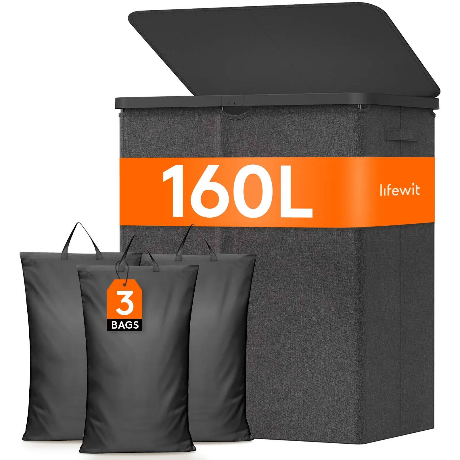 Lifewit 140 L 2-Section & 160 L 3-Section Laundry Basket with Lid, Large Foldable Hamper with Plastic Frame, Handles & Removable Bag, Tall Clothes Storage for Bedroom, Bathroom, Dorm dormessentials