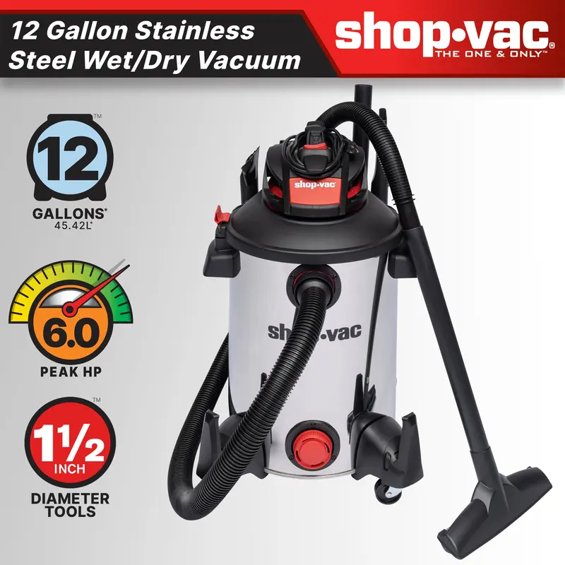 Shop-Vac 12gal Wet/Dry Duty Vacuum Cleaner - 6.0 Peak HP High-Powered, Durable Multi Function Vacuuming, Stainless Steel Easy to Clean Tank, Blow Function for Workshop Users