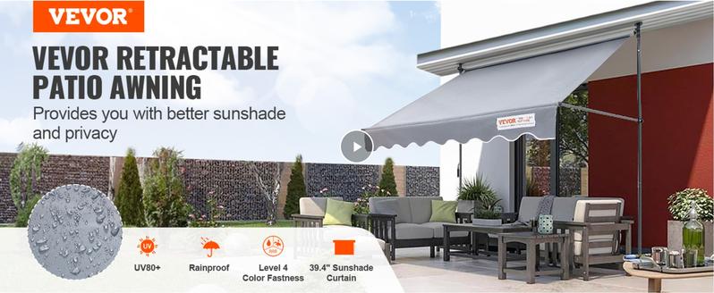 VEVOR Manual Retractable Awning, TikTokShopBlackFriday, Outdoor Retractable Patio Awning Sunshade Shelter, Adjustable Patio Door Window Awning Canopy with Sun Shade Curtain for Backyard, Garden, Balcony
