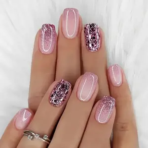 24Pcs Pink Glitter Gradient Press-On Nails - Sparkly Chunky Glitter Design |  Fake Nails with Shiny Finish | Short/Medium Length False Nails for Party, Date & Daily Wear | Easy to Apply Nail Tips Luxury Reusable