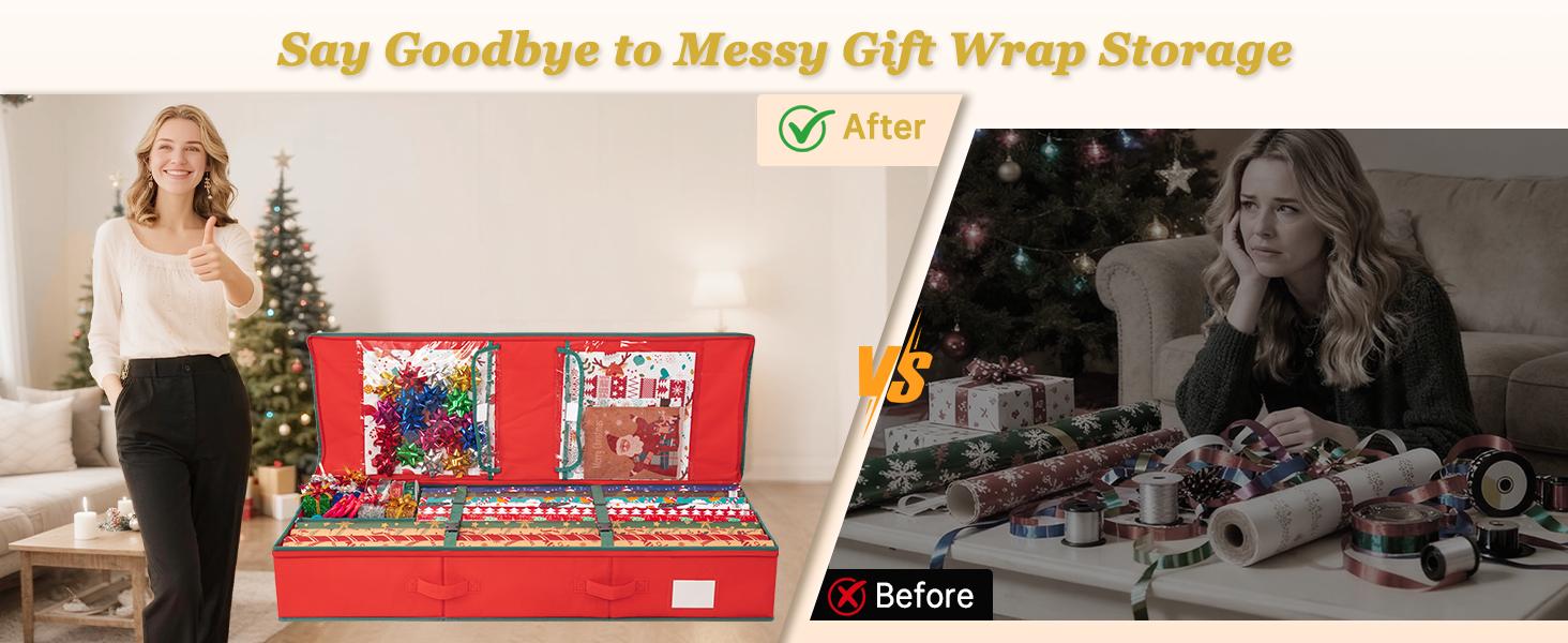 Criusia Gift Wrap Organizer, Christmas Wrapping Paper Storage Bag w/Useful Pockets for Xmas Accessories, Fits upto 24 Rolls, Underbed Storage for Holiday Decorations