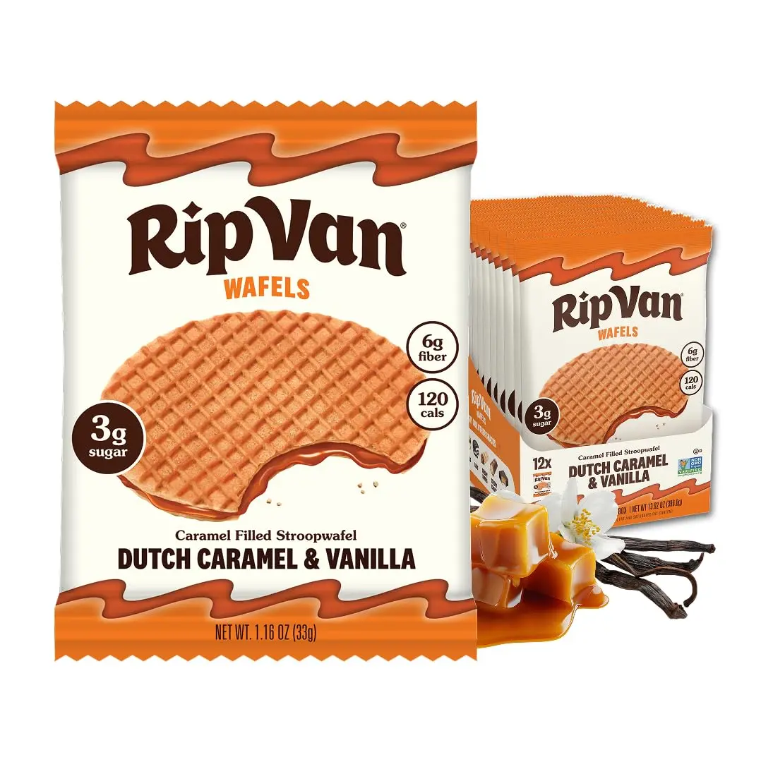 Rip Van Wafels Dutch Caramel & Vanilla Stroopwafels - Eggs, Sea Salt, Glycerin, Molasses, Vanilla Extract, Natural Fiber, Trans Fat Free, Non-GMO, Low Calorie, 3g Low Sugar, Keto Friendly Office Snacks (12 Count)