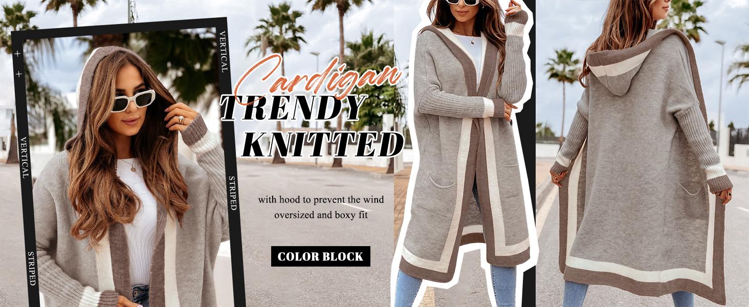 Ebossy Women's Apricot Khaki Color Block Striped Hooded Cardigan Sweater with Pockets Oversized Long Knitwear Top for Daily Wear Casual Womenswear Ebossy Women's Apricot Khaki Color Block Striped Hooded Cardigan Sweater with Pockets Oversized Long Knitwear Top for Daily Wear Casual Womenswear