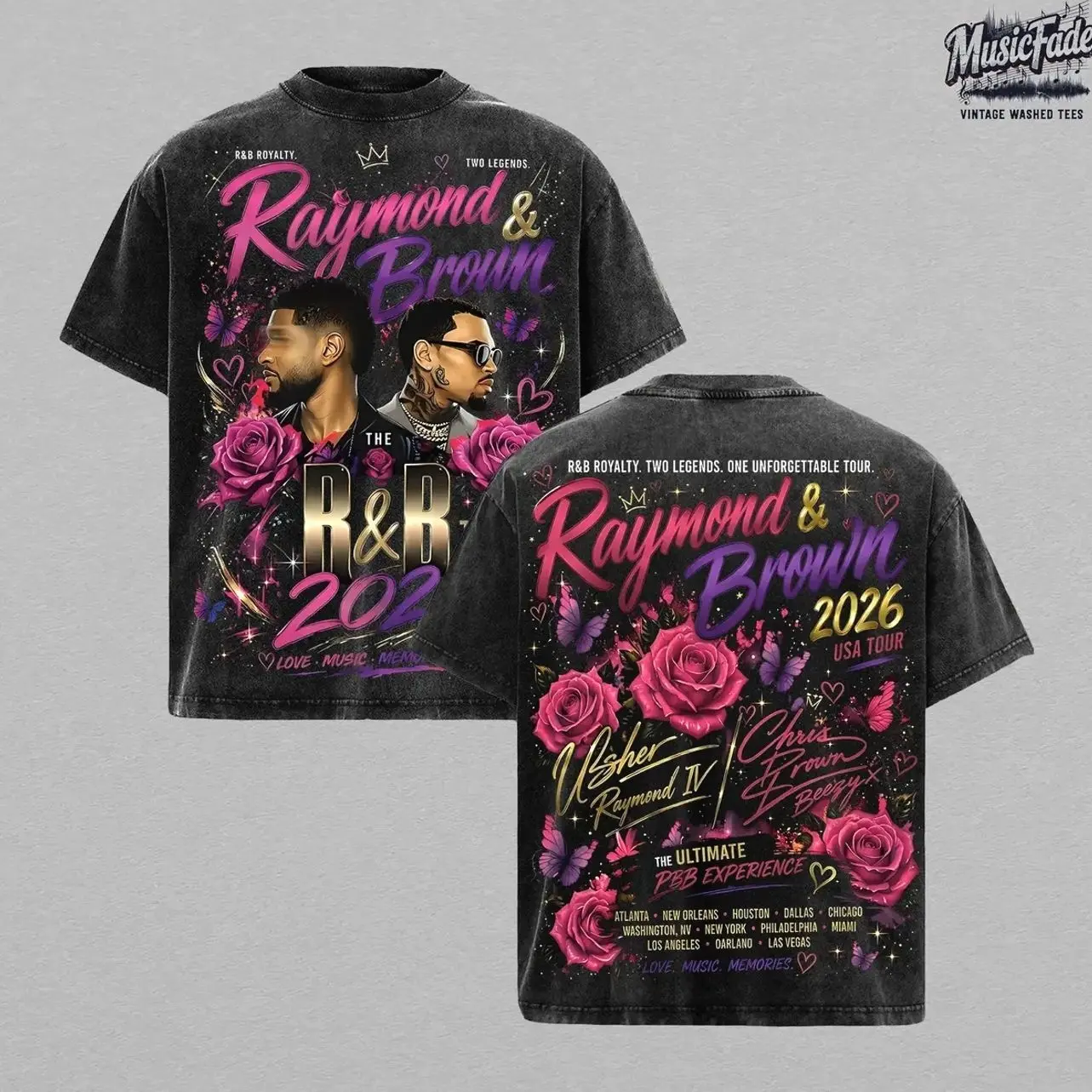 R&B 2026 Tour Vintage Washed Oversized T-Shirt, Double Sided Concert Graphic Tee, Heavyweight Cotton Retro RnB Streetwear Shirt, Acid Wash Music Fan Merch, Y2K Aesthetic Unisex Tour Dates Gift Tee CTM