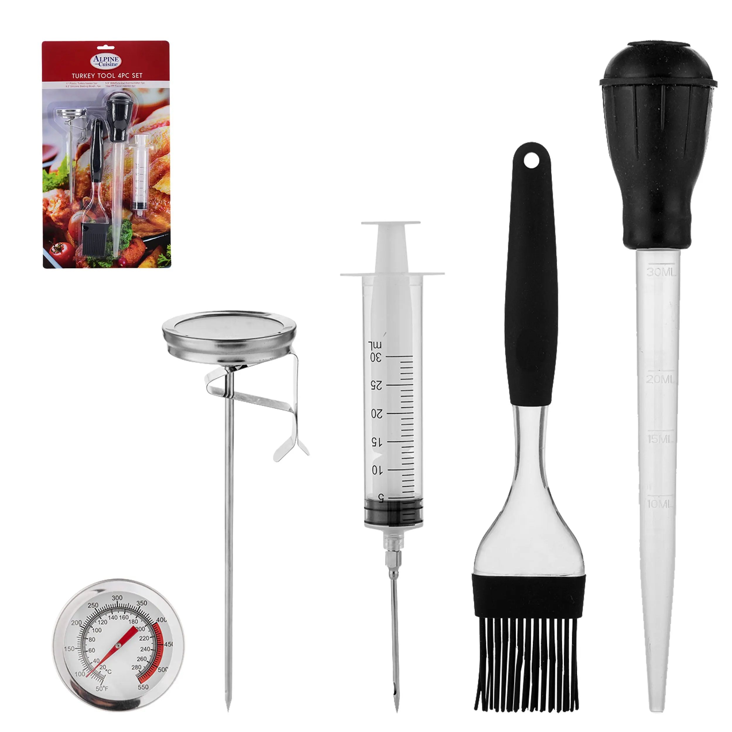 Alpine Cuisine Turkey Tool 4 Pc Set with Meat Thermometer Marinade Brush Turkey Baster for Cooking BBQ Injector | Easy To Clean & Durable Blister Card Packing | Suitable for Home Poultry Beef Chicken
