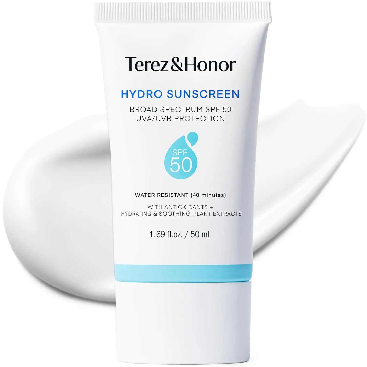 TEREZ & HONOR Hydro Sunscreen SPF 50, Water-Resistant Hydrating Broad Spectrum Cream with UVA/UVB Protection, Glycerin-Infused No-White Cast Non-Greasy Formula for Adults All Skin Types - 1.69 oz Bottle, Moisture-Boosting, Fights Dryness, Face & Body Use