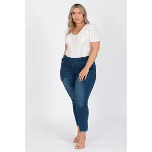 Plus Size Mid-rise Blue Denim Jeggings Pants - Cropped Skinny Fit with Five Pockets & Belt Loops for Summer Comfort - Jeans