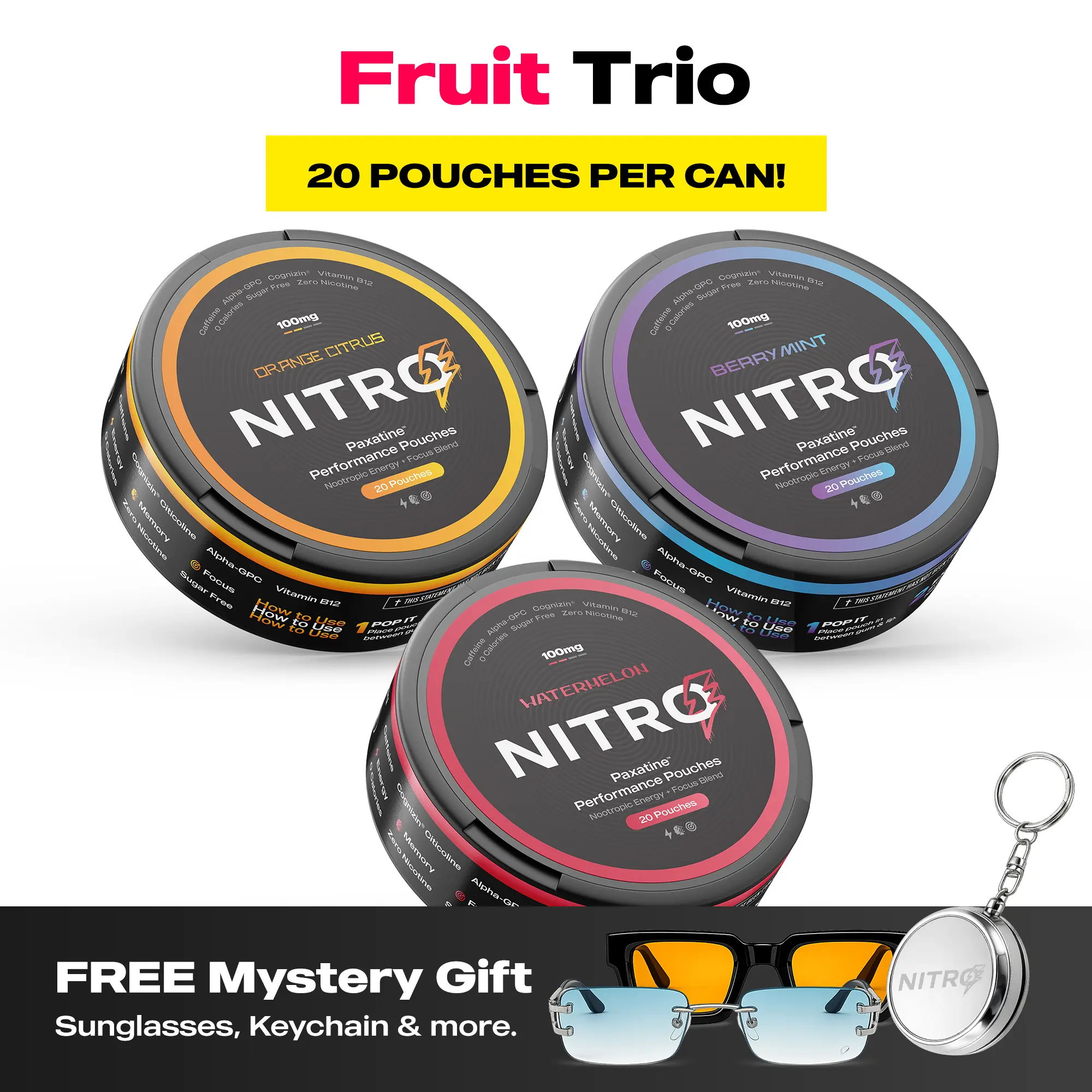 Nitro Nootropic Energy Pouches - Energy + Focus Pouches - 100mg Caffeine, Alpha GPC, Cognizin Citicoline, L-Theanine, Vitamin B12 - No Sugar, Nicotine-Free - 20 Pouches Per Can - 3 Pack - Orange Citrus – Berry Mint – Watermelon