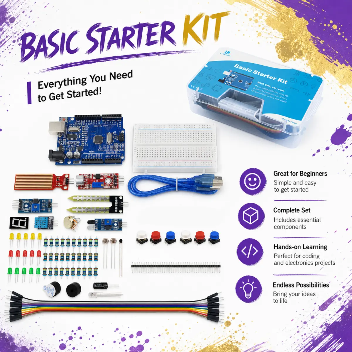 LAFVIN Arduino Starter Kit for Beginners with UNO R3 Board, Tutorial, Breadboard, USB Cable & 30+ Sensors – No Experience Needed, Step-by-Step Guide for Learning Electronics & C/C++ Programming