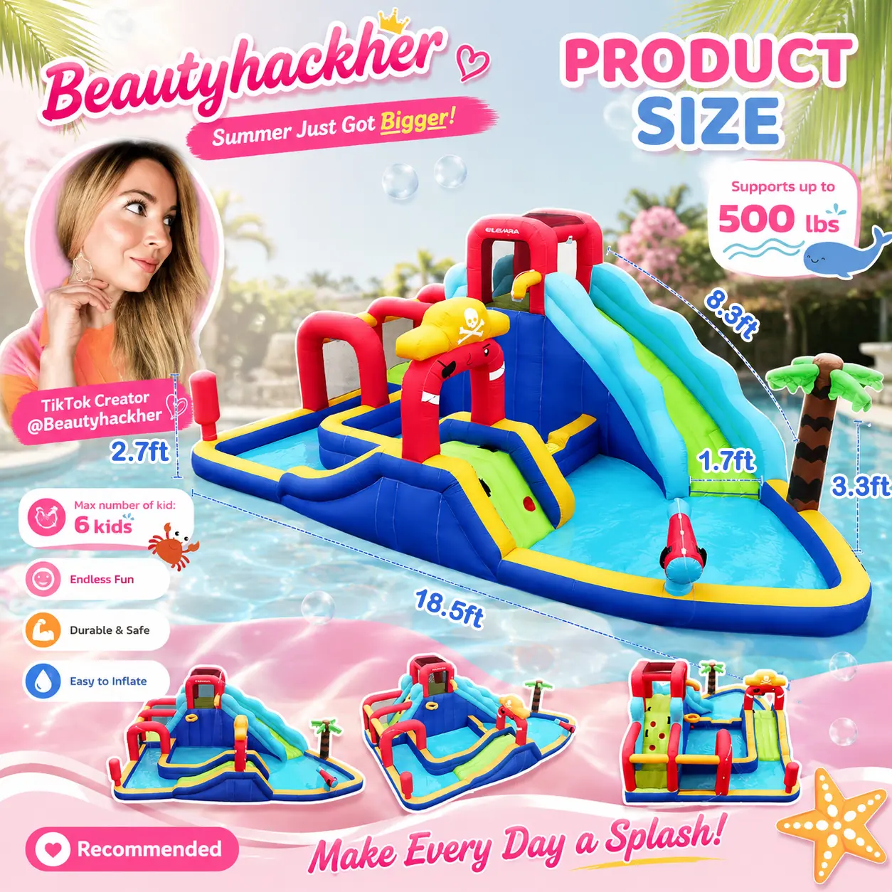 【Beautyhackher Exclusive】Inflatable Water Slide, Water Park for Big Kids,with Blower, Slides, Climbing Walls, Water Guns, and Deep Splash Pool, Indoor and outdoor, Summer Gifts
