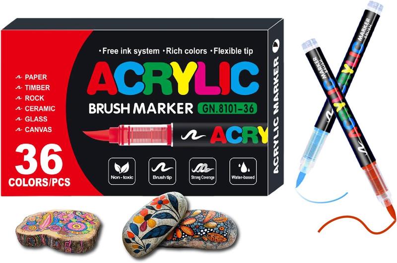 Acrylic Paint Markers Set (36 Colors), Soft Brush Tip Acrylic Paint Pens for Wood, Canvas, Glass, Fabric, Rock Painting & DIY Crafts